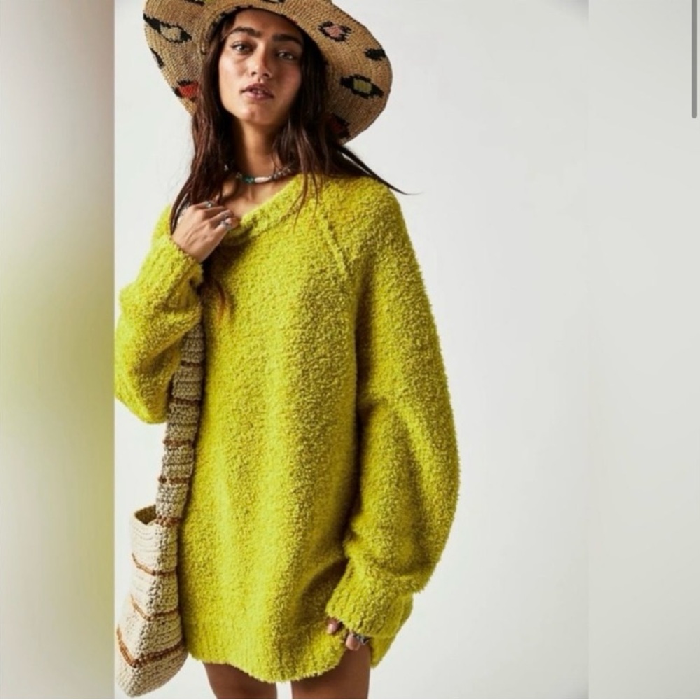 Free People Teddy Fuzzy Soft Cozy Oversized Lime Green Sweater Dress Size Large